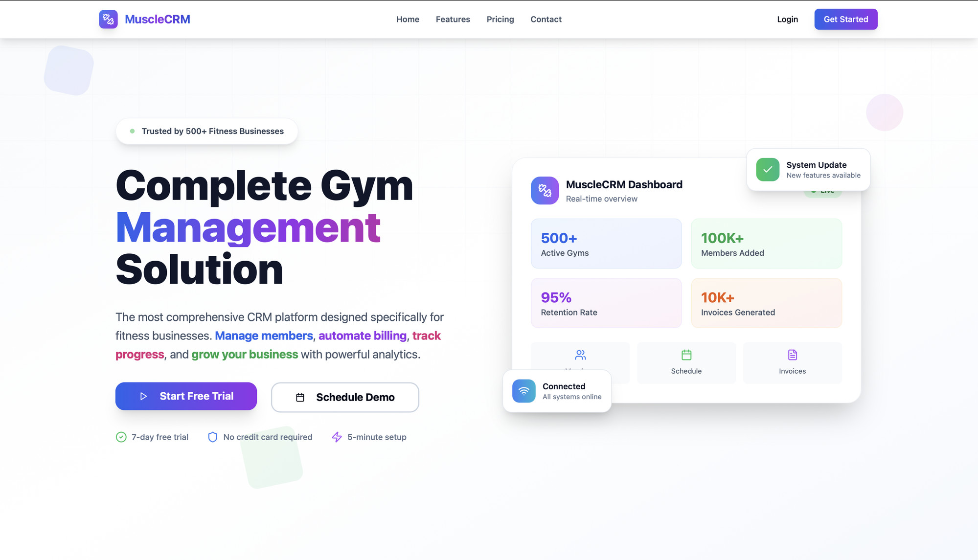 MuscleCRM product site — a complete gym management operating system with members, billing, scheduling, and analytics.